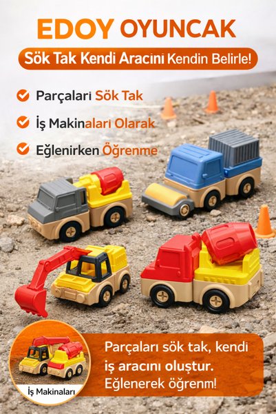 edoy Sök Tak Eğitici Araç Seti | Yap-Boz İş Makineleri | Yaratıcı Montessori Oyuncağı(Rastgele1 Araç)