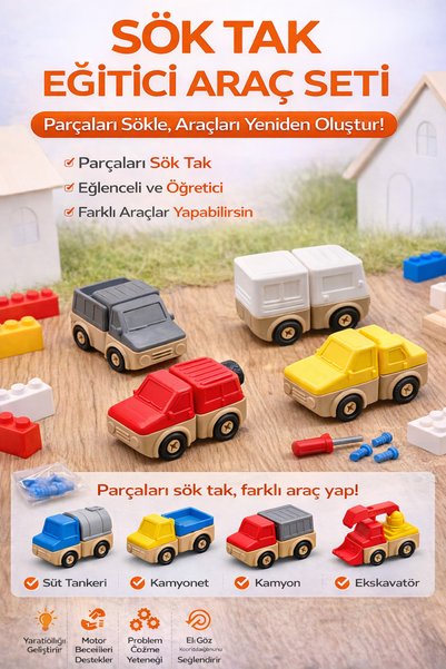 edoy Sök Tak Eğitici Araç Seti | Yap-Boz İş Makineleri | Yaratıcı Montessori Oyuncağı(Rastgele1 Araç)