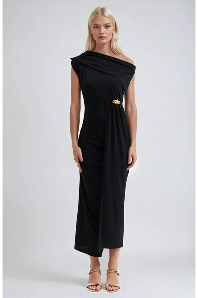 bayansepeti New Season Waist Accessory and Shoulder Detail Slit Women's Dress...