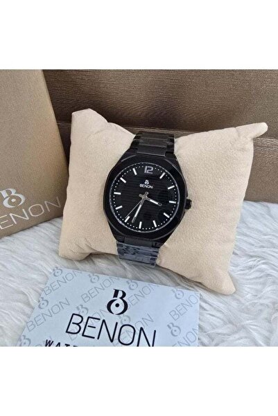 benon Men's Steel Waterproof Watch with Black Strap and Black Dial