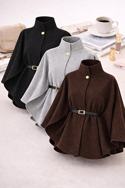 lizge giyim Kadın Siyah Gri Kahve 3lü Dik Yaka Gold Düğme Detaylı Kemerli Pel...