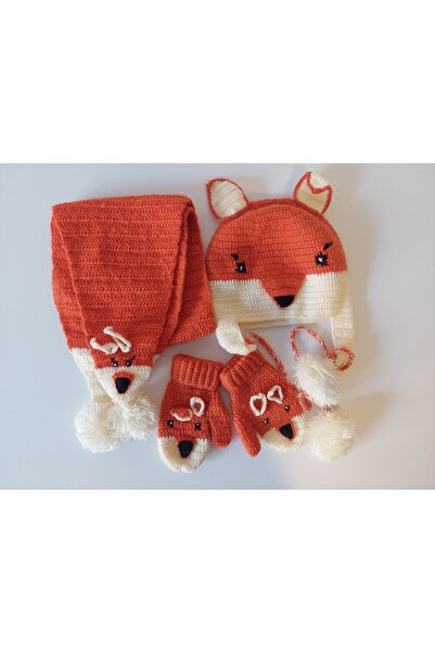 dogohandmade El Örgüsü Sevimli Tilki Figürlü Çocuk Bere Atkı Eldiven Takımı -...