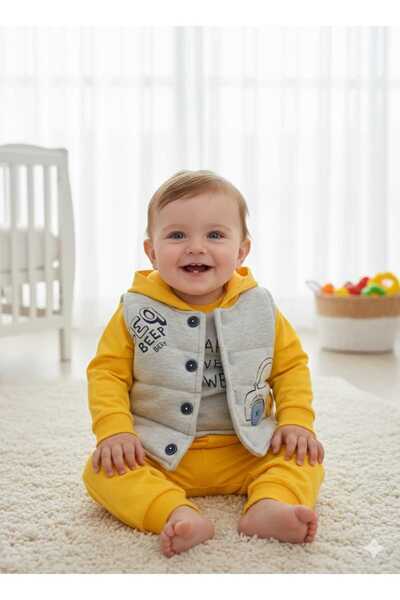 ALYAKİDS Erkek Bebek Sarı Kapüşonlu Yelekli 3'lü Takım - Pamuklu Beep Baskılı...