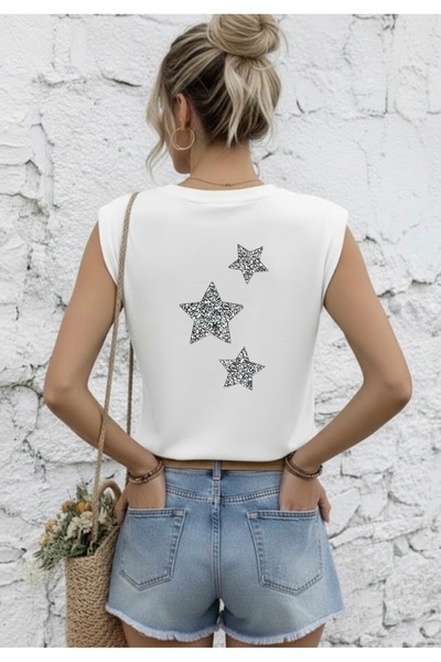 FUFLUNS تي شيرت نسائي بدون أكمام مطبوع على الظهر من YILDIZ