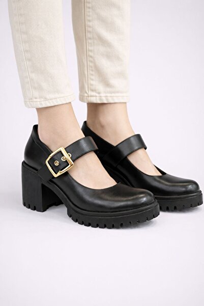 gumushoe Women's Genuine Leather Buckle Detailed Thick Heeled Shoes 9701