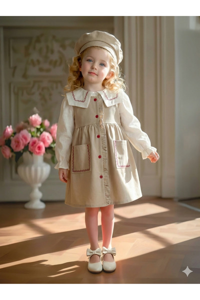 Heymino AEVUM Vintage Nakışlı Jileli Kız Çocuk Elbise ve Ressam Şapka Takımı