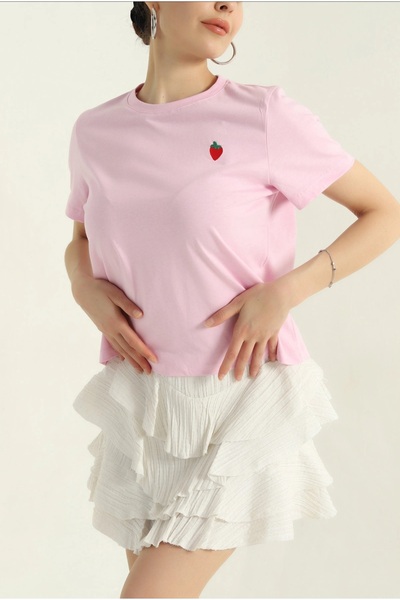 EAS GİYİM Embroidered Duz Crew Neck T-Shirt