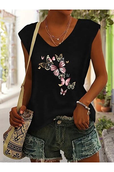 FUFLUNS Purple Butterfly Printed Women's Oversize Sleeveless T-Shirt