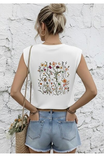 FUFLUNS Colorful Flowers Back Printed Women's Oversize Sleeveless T-Shirt