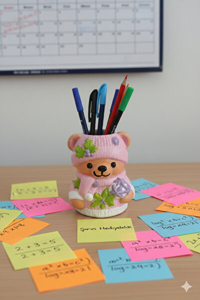 Şirin Hediyelik حامل أقلام مصنوع يدويًا ومنظم سطح المكتب بتصميم دمية دب وردي ...