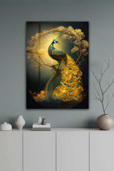 kutuTR Altın Detaylı Tavus Kuşu Temalı Temperli Cam Tablo 50x70 Cm 2D UV Bask...