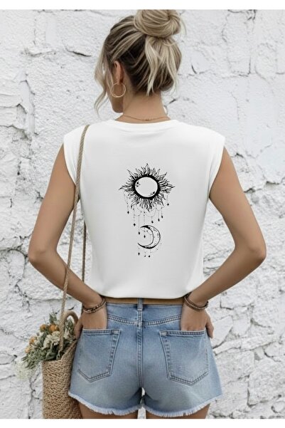 FUFLUNS تي شيرت نسائي بدون أكمام مطبوع عليه الشمس والقمر