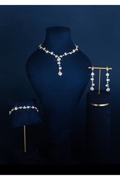 shopidik Gold Zirkon Taşlı Işıltılı Çiçek Desenli 3’lü Abiye Takı Seti