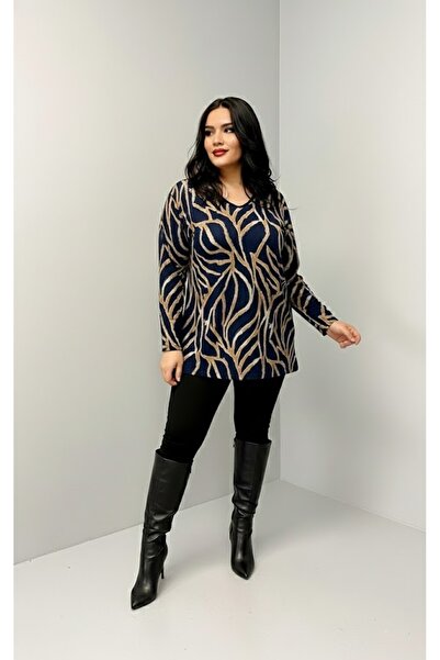 THEBEK Yumoş Velvet Suede Patterned Blouse Navy Blue Floor Pattern
