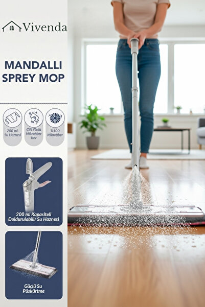 Vivenda Mandallı Sprey Mop 360° Döner Başlıklı Su Hazneli Püskürtmeli Paspas