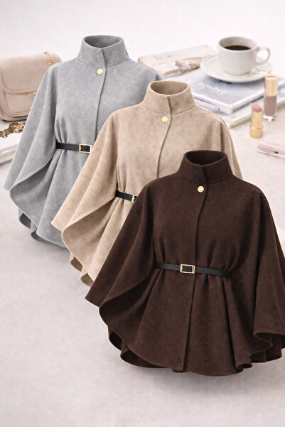 lizge giyim Kadın Gri Bej Kahve 3lü Dik Yaka Gold Düğme Detaylı Kemerli Peler...