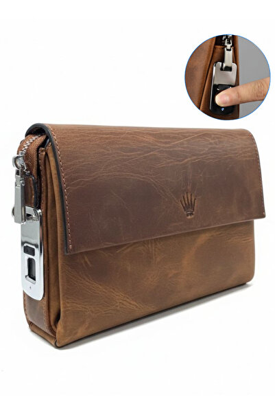 WATCHOFROYAL حقيبة يد من الجلد الطبيعي من لوجيك كلاتش كريزي تابا مع قفل ببصمة...