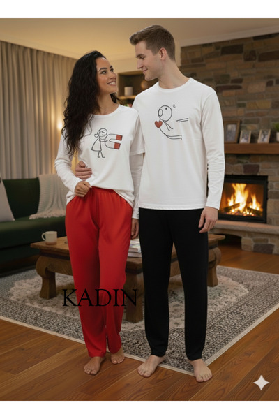 HAYAL HOME WEAR Sevgililer Günü Kombini Mıknatıs Figürlü Uzun Kollu Pijama Ta...