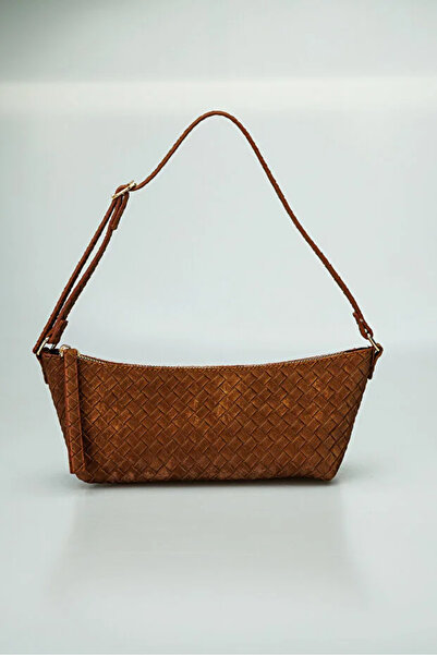 Zeyne Zyn06 Tan Knitted Patterned Mini Zippered Women's Shoulder and Hand Bag
