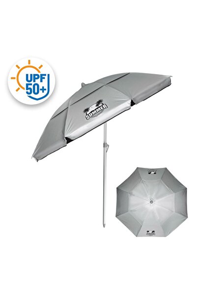 OEM Umbrela Plaja Anti Vant Argintie Neagra UPF 50+ & Cadru din Aluminiu - Ø2m