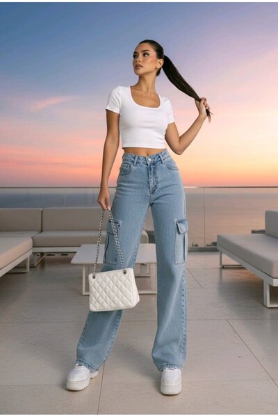 NWC Clara material elastic Blugi de damă Dark Cargo Wash Super talie înaltă c...