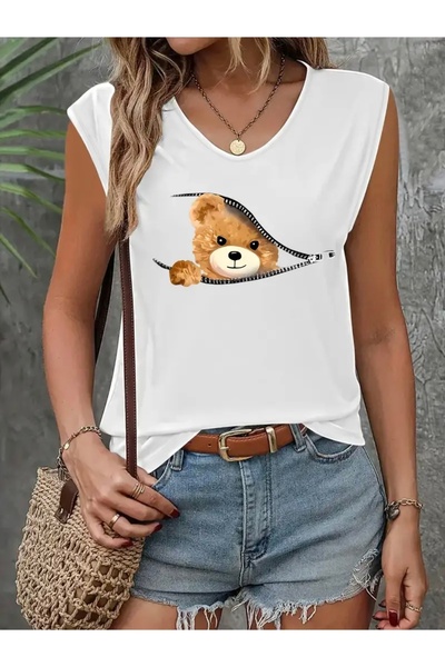 FUFLUNS تي شيرت نسائي بدون أكمام مطبوع عليه دب بسحّاب