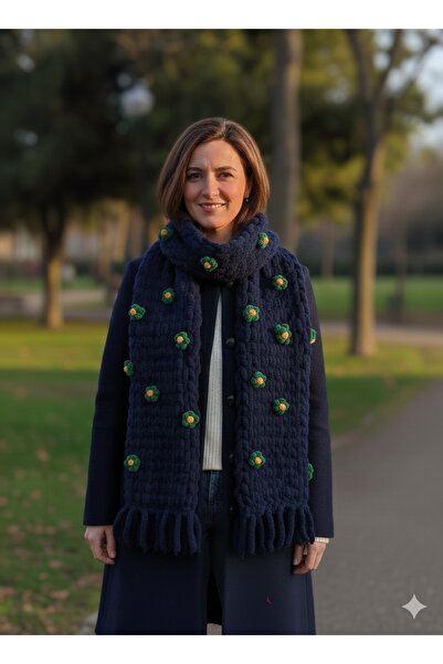 Vanya çiçekli el örgüsü puffy atkı