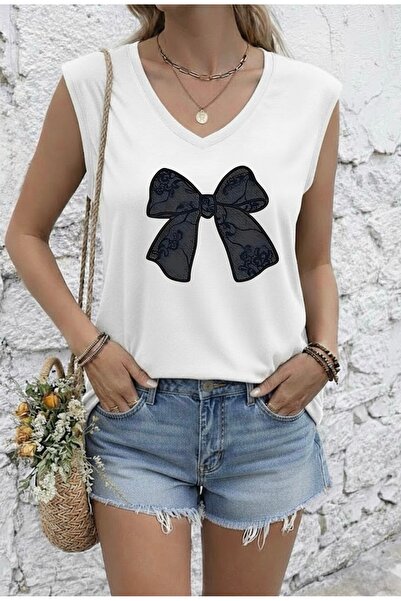 FUFLUNS تي شيرت نسائي كبير الحجم بدون أكمام مطبوع بشريط