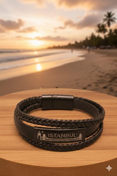 Liacharm İstanbul Yazılı Hakiki Deri Erkek Bileklik