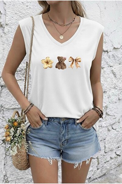 FUFLUNS Bear Flower Ribbon Printed Women's Oversize Sleeveless T-Shirt