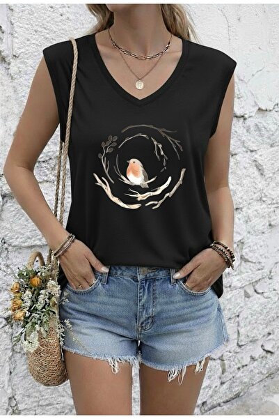 FUFLUNS Bird Printed Women's Oversize Sleeveless T-Shirt
