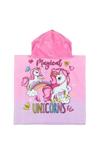 OEM Prosop Poncho de Plaja cu Gluga din Bumbac Roz Unicorn pentru Copii 50x100cm