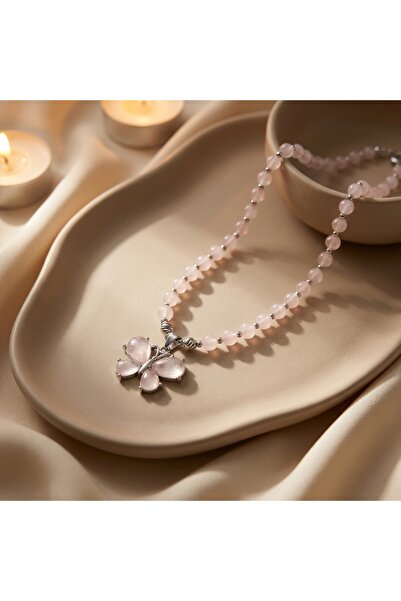 SR Jewelry Box Pembe Boncuklu Kelebek Figürlü Pembe Kuvars Zarif Kadın Kolyes...
