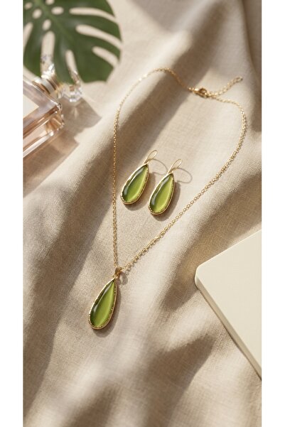 SR Jewelry Box Zeytin Yeşili Uzun Damla Form Doğal Taş Kolye ve Küpe Seti - E...