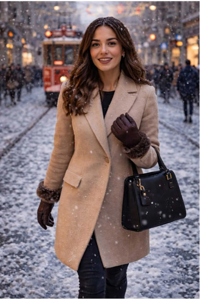 FİxTEKNO Kadın Üstü Deri - Altı Süet Kürk ve Zikzak Detaylı Eldiven (Suya ve ...