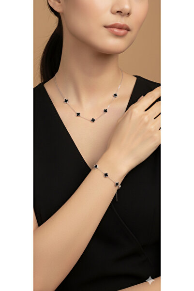 Shae Jewelry 5'li Siyah Renk Yonca Model Kolye ve Bileklik Paslanmaz Çelik Or...