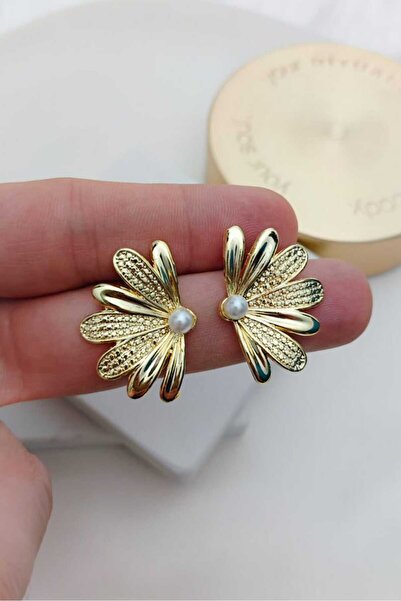 KYOLA DESİGN Pearl Double Sided Flower Gold Women's Earrings