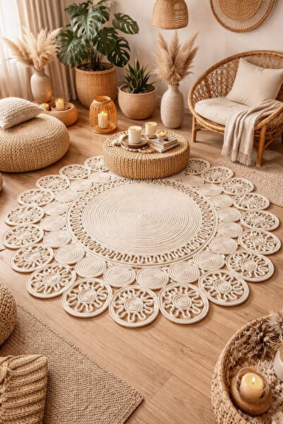 Öz-Tex Home jüt hasır el örgüsü halı kilim yıkanabilir çift taraflı yuvarlak