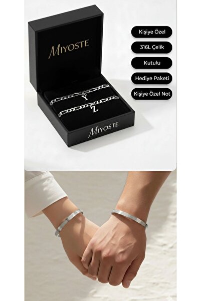 Miyoste Sevgililer Gününe Özel 2'li Harfli Bileklik Ve İki Adet Gümüş Renk Ay...
