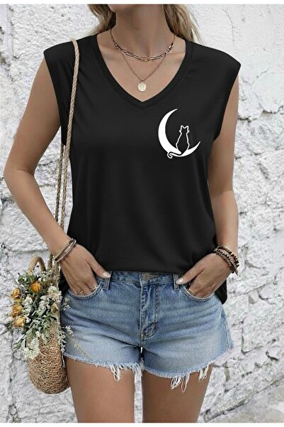 FUFLUNS تي شيرت نسائي بدون أكمام مطبوع عليه AY CAT