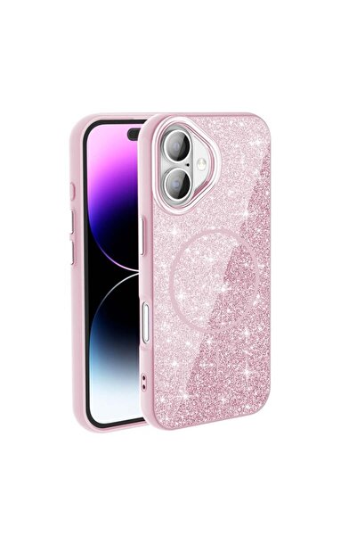 zore iPhone 17 Kılıf M-safe Şarj Özellikli Parlayan Simli Okso Kılıf-Pembe