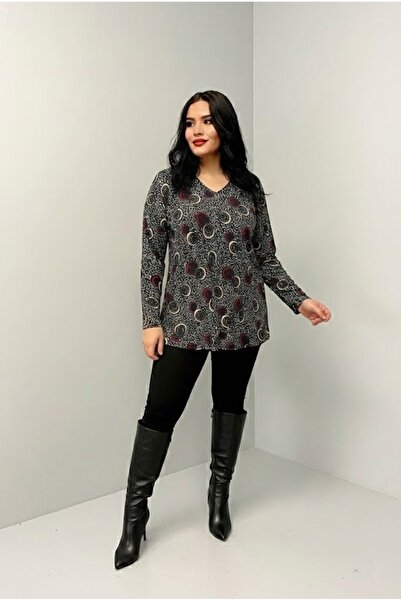 THEBEK Yumoş Velvety Suede Patterned Blouse with Bordolu Pattern