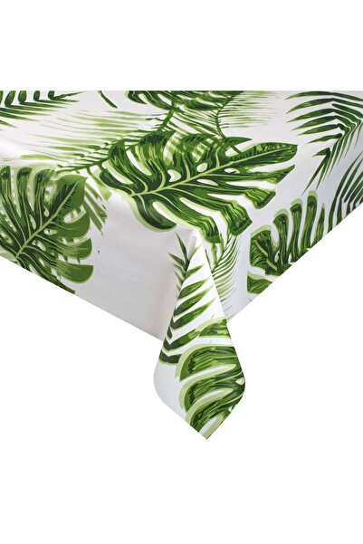 OEM Fata de Masa din Plastic Alba cu Frunze Tropicale Verzi 180x120cm