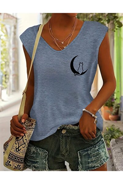 FUFLUNS Moon Cat Printed Women's Oversize Sleeveless T-Shirt
