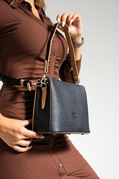 Çanta Trend Polo of Colors Navy Blue Tan Embossed Print Women's Shoulder and ...