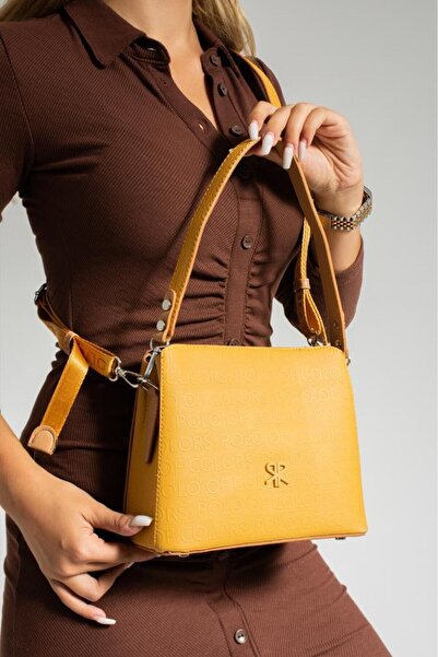 Çanta Trend Polo of Colors Mustard Tan Embossed Print Women's Shoulder and Cr...