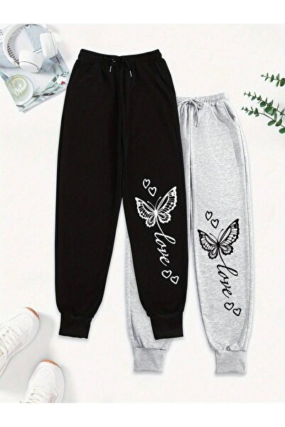Kids Сив, черен комплект от две части за момичета с принт „Butterfly Love“