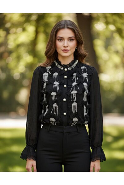 Rabiossa Women's Sparkling Tassel Detailed Pearl Buttoned Blouse