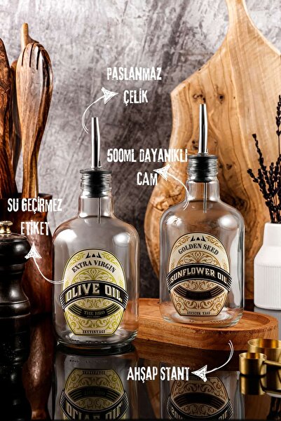 TheBRo 500ML Plus Serisi Ahşap Stantlı Şeffaf Zeytinyağı Şişesi,Ayçiçek Yağı ...