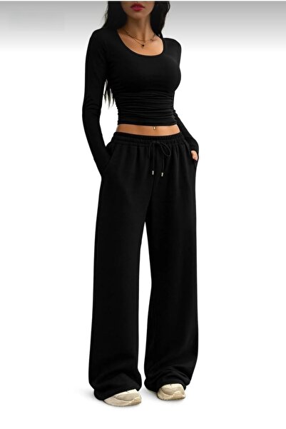 Nisa giyim ve aksesuar Loose Cut Comfortable Winter Fleece-Lined Three Yarn W...